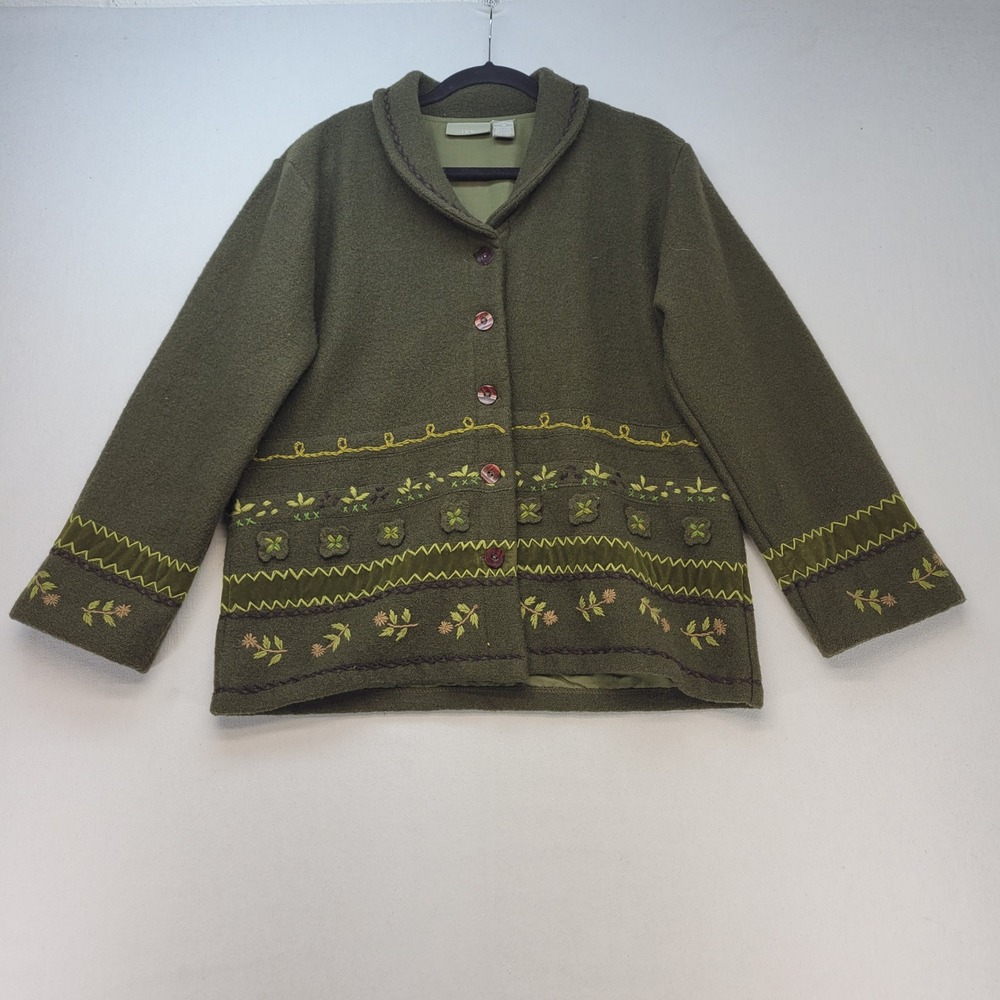 Ivy Wool Cardigan Women M Green Cottagecore Floral Embroidered Button Jacket
